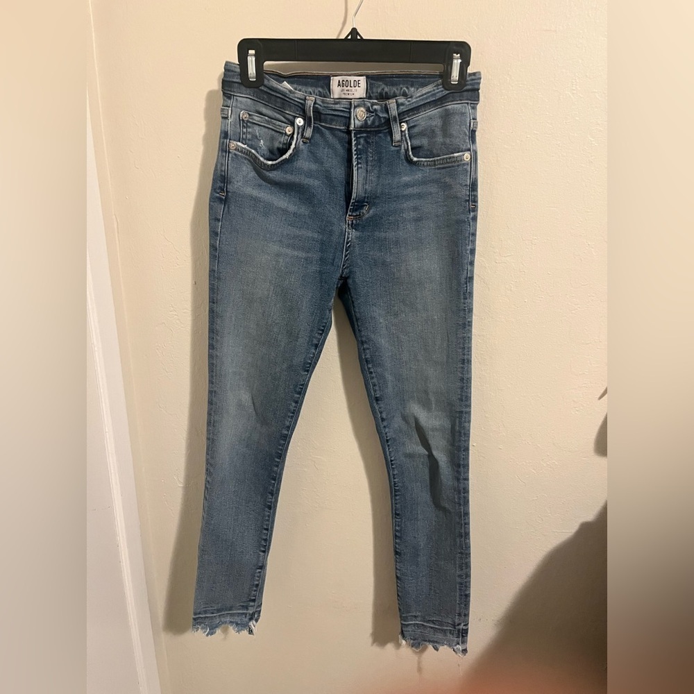 Agolde Blue Cropped Ankle Jeans with‎ Frayed Hem
